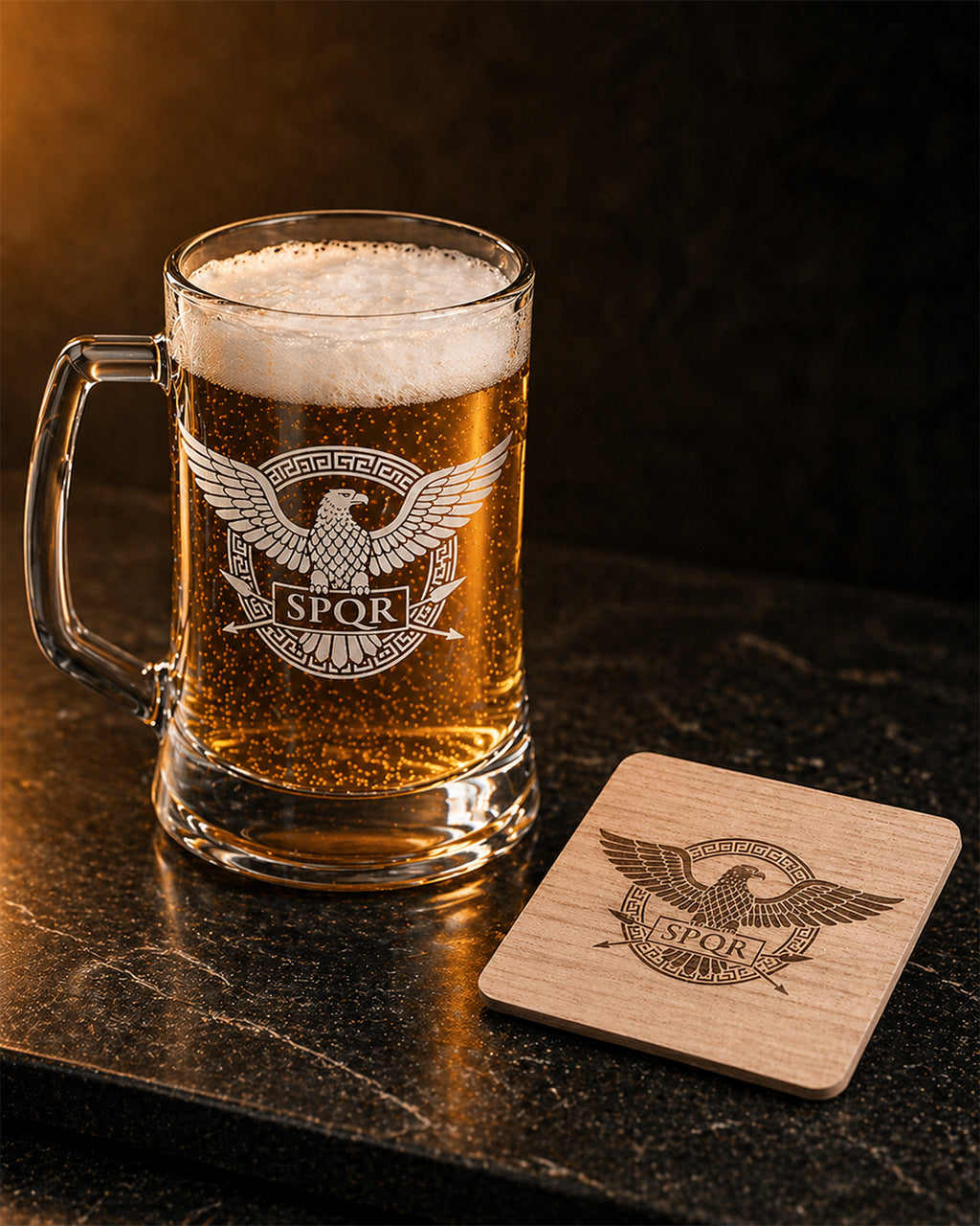 SPQR Tasarımlı Bira Bardağı & Ahşap Bardak Altlığı